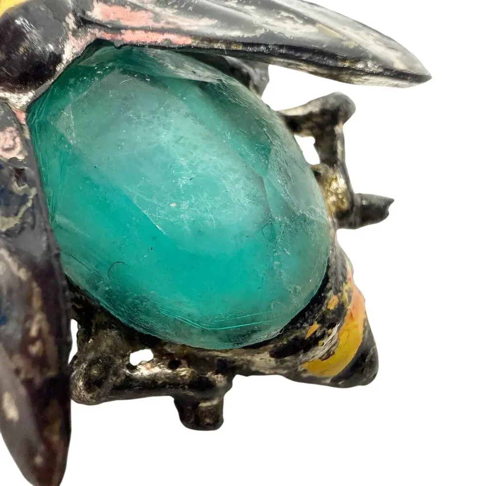 vintage black plastic Flying Insect turquoise stone BROOCH jewelry pin enamel